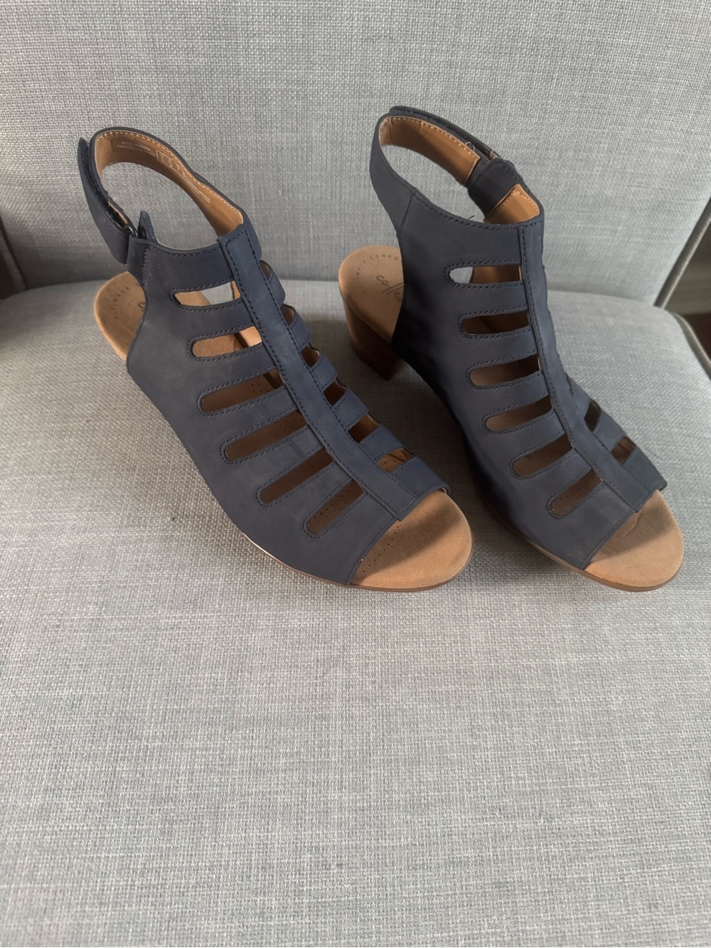 Clarks Navy Cutout Open-Toe Block Heel Sandals